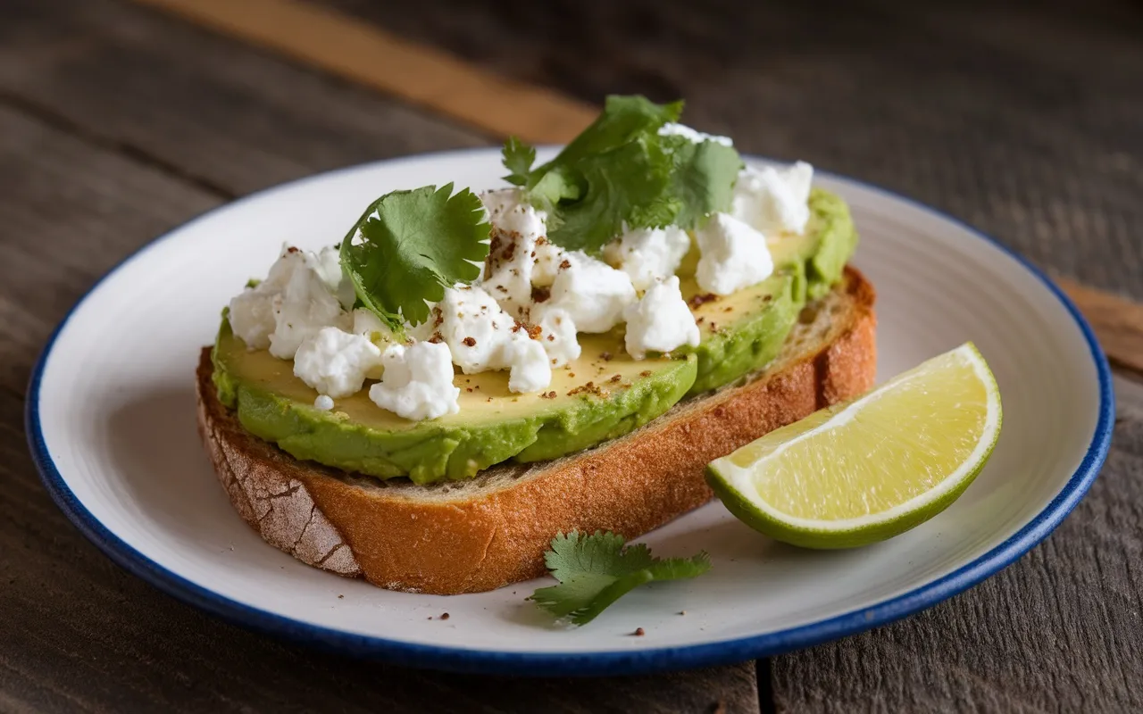 Avocado toast with goats cheese and a slice of lime