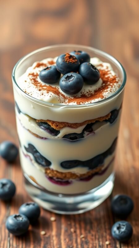 A glass of egg-free blueberry tiramisu layered with mascarpone and blueberries, garnished with cocoa powder on a wooden table.