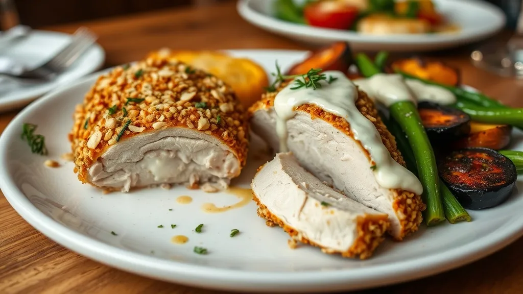 Nut-crusted chicken breast served with roasted vegetables on a dining table.