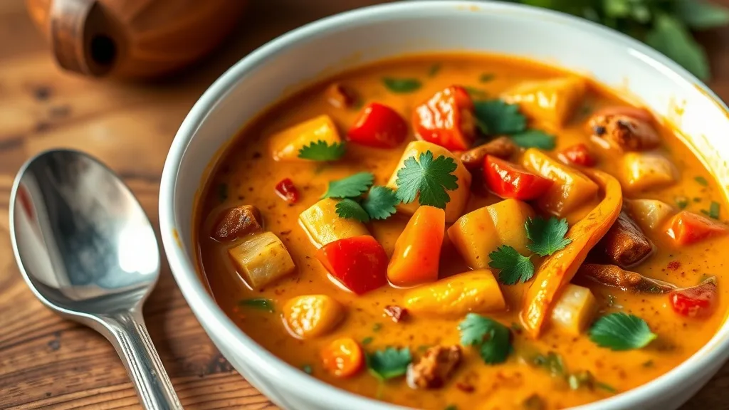 A bowl of chili coconut curry with vegetables in a creamy sauce, garnished with cilantro, served on a rustic table.