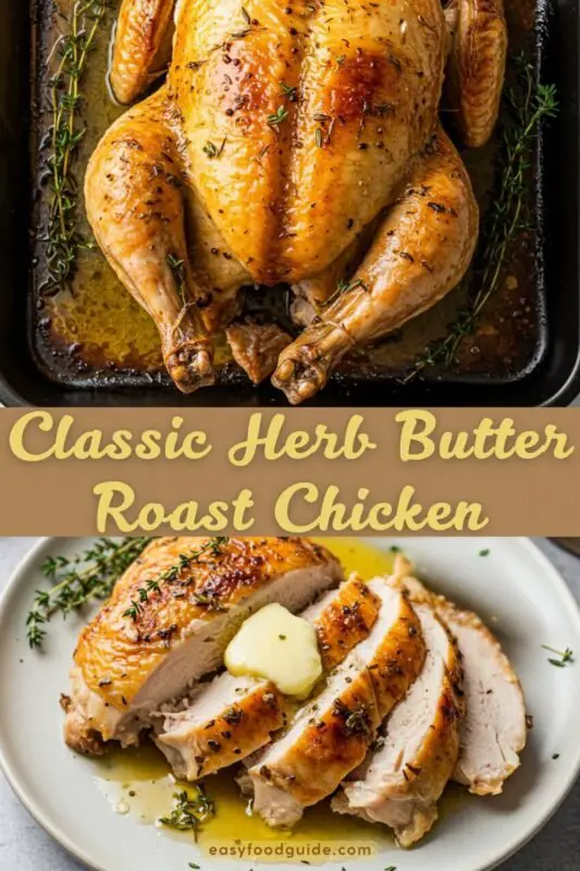 Golden garlic butter roast chicken garnished with herbs and lemon on a rustic table.