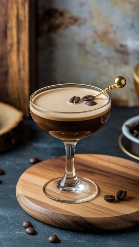 An Espresso Martini in a martini glass with coffee beans garnish, set against a cozy bar backdrop.