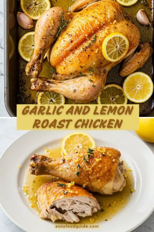 Savory roasted chicken with lemon and herbs, served on a wooden platter with fresh herbs.