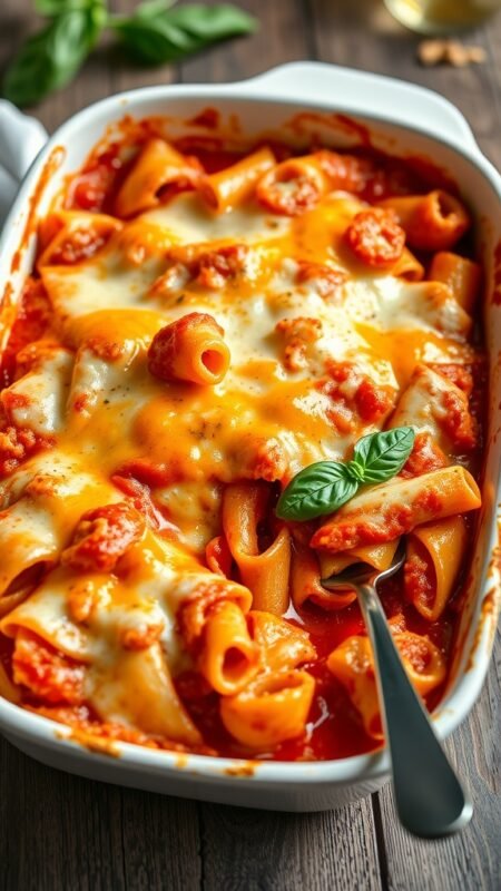 Baked mozzarella pasta in a casserole dish, topped with melted cheese and garnished with basil.