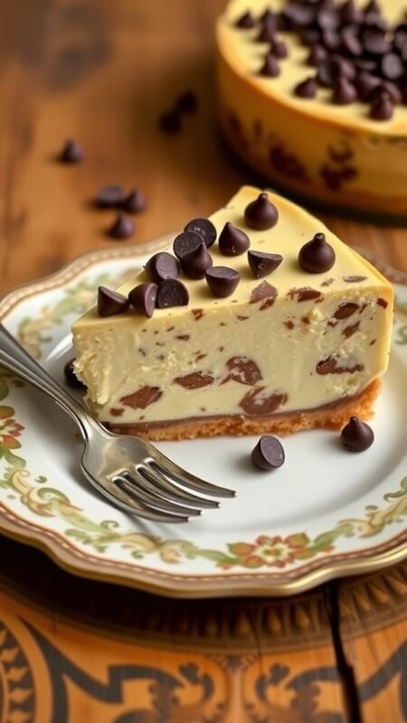 A slice of chocolate chip cheesecake with creamy filling and chocolate chips on top, served on a plate.