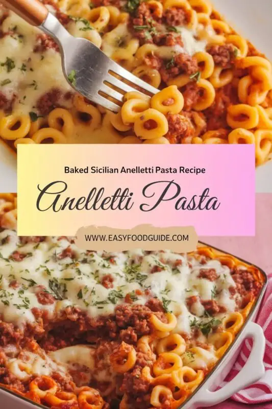 Baked Sicilian anelletti pasta topped with melted cheese and fresh basil, served in a rustic kitchen.