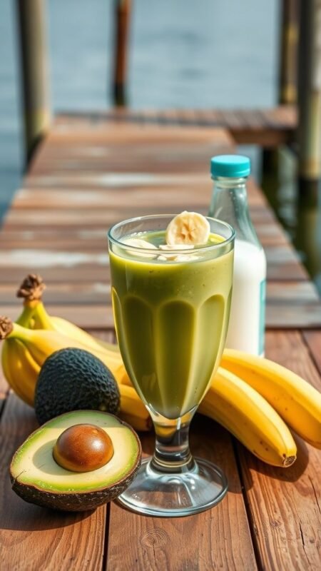 A refreshing avocado banana smoothie in a hurricane glass, garnished with banana and almonds, on a wooden table with a blurred river dock background.