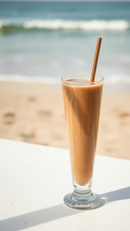 Chilled avocado cocoa smoothie on a beach table with waves in the background.