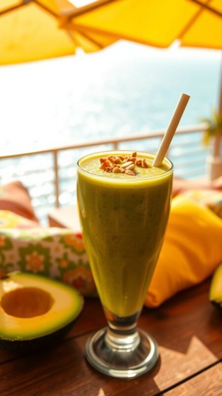 A creamy banana avocado almond butter smoothie in a glass, garnished with banana slice, in a colorful rooftop lounge with sea view.