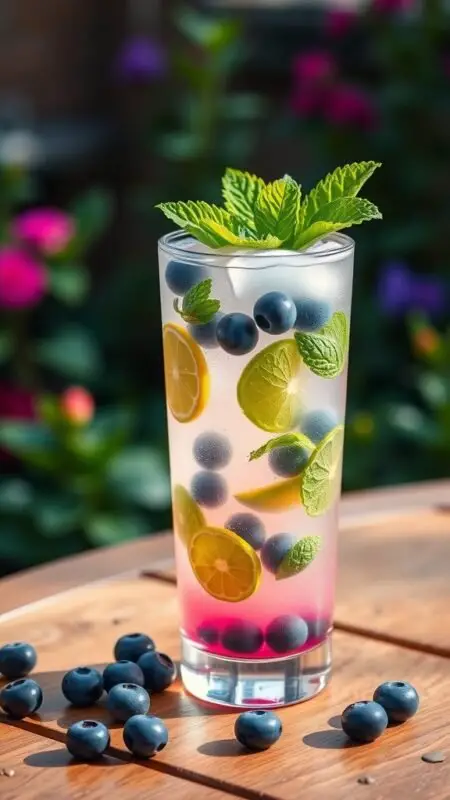 A refreshing Blueberry Mojito cocktail with blueberries, mint, and lime in a tall glass.