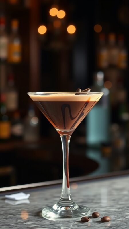 A Chocolate Espresso Martini served in a martini glass with coffee beans for garnish.