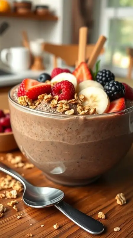 Chocolate peanut butter smoothie bowl topped with bananas, granola, and berries in a cozy kitchen.