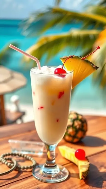 A tropical Coconut Rum Punch cocktail with a pineapple slice and cherry, set against a beach background