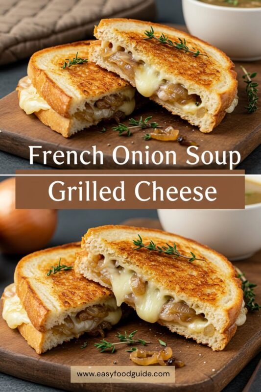 A sliced grilled cheese sandwich with caramelized onions and Gruyère cheese on a wooden board, alongside a bowl of onion soup and thyme garnish.