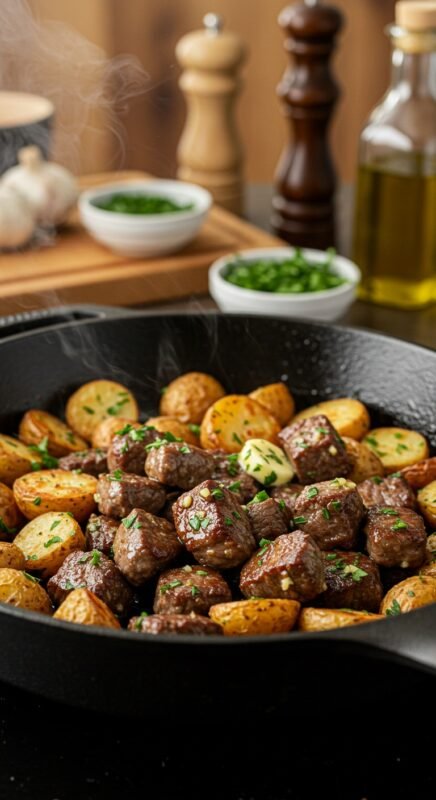 A plate of garlic butter steak bites with roasted baby potatoes, garnished with herbs on a wooden table.