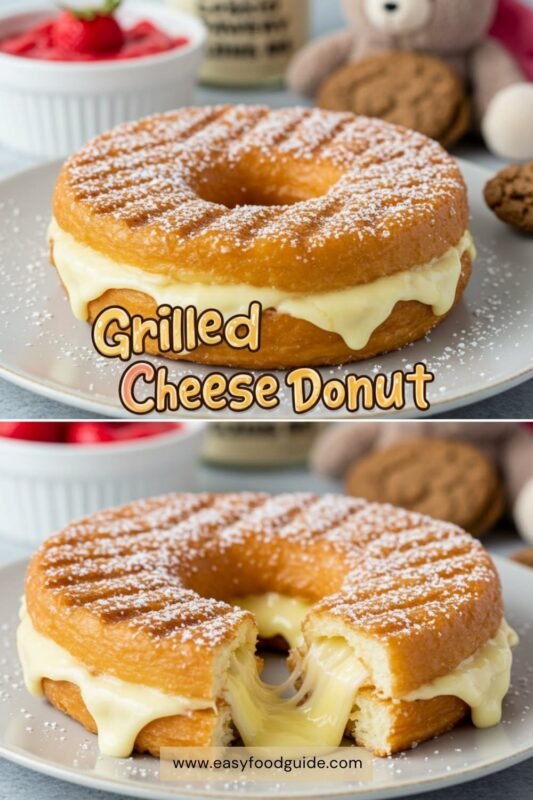 A colorful grilled cheese donut sandwich sliced in half, showcasing melted cheese, with strawberry jam and powdered sugar on the side.