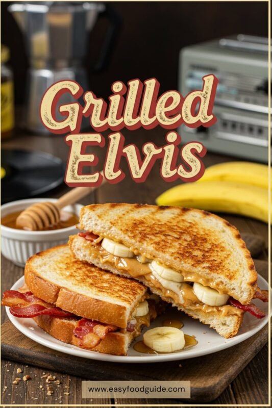A delicious Grilled Elvis sandwich with peanut butter, banana, and bacon, sliced to show the filling, served with honey and powdered sugar, on a vintage background.