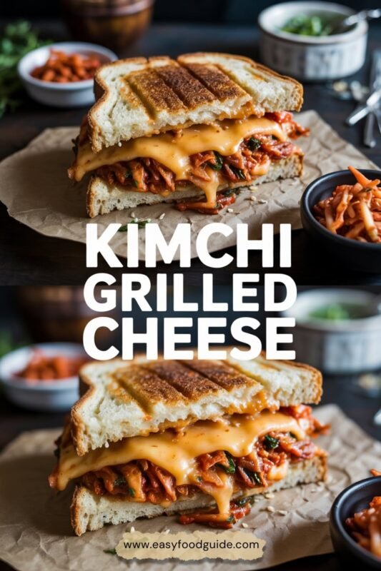 A sliced kimchi grilled cheese sandwich showcasing melted cheese and kimchi, served with kimchi slaw and sesame seeds on a vibrant Korean-inspired backdrop.