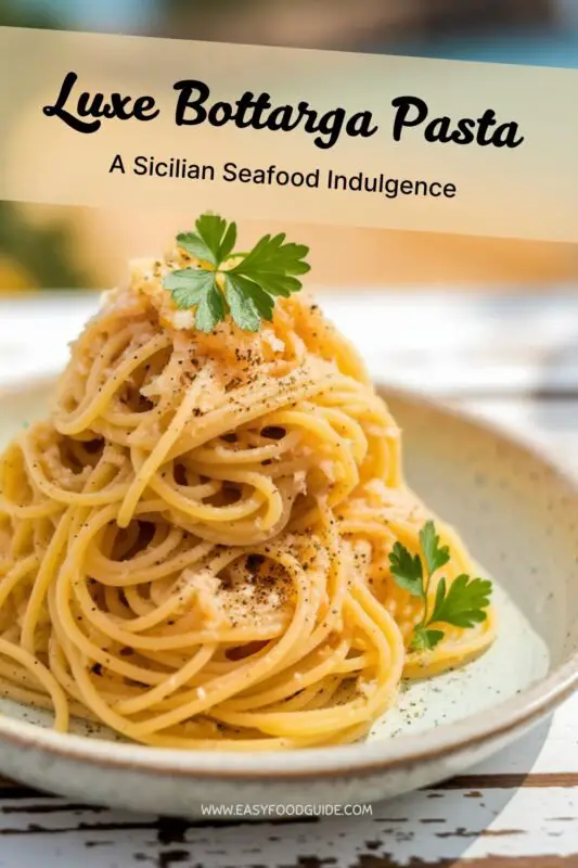 A plate of Luxe Bottarga Pasta with spaghetti, grated bottarga, parsley, and lemon zest, served on a rustic wooden table.