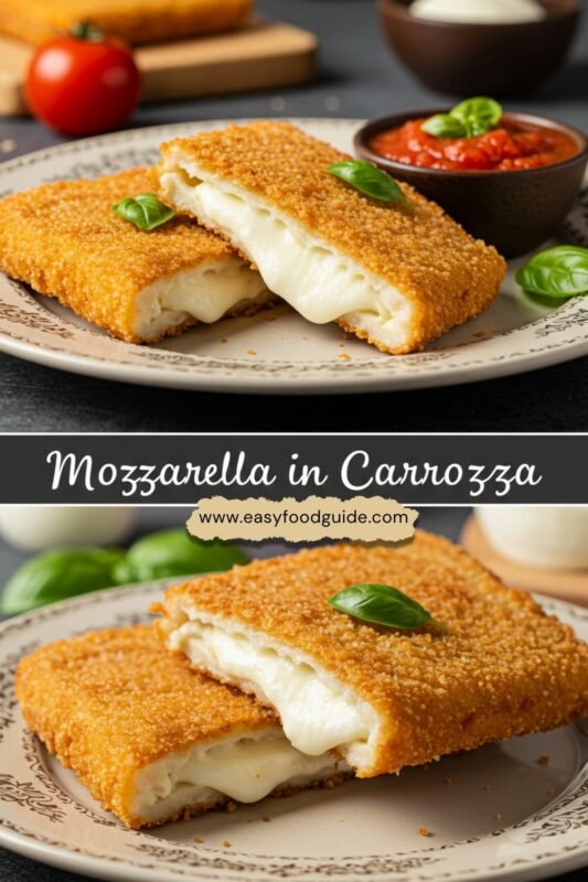 A crispy mozzarella in carrozza sandwich on a vintage plate, sliced to reveal melted cheese, served with marinara sauce and garnished with basil.