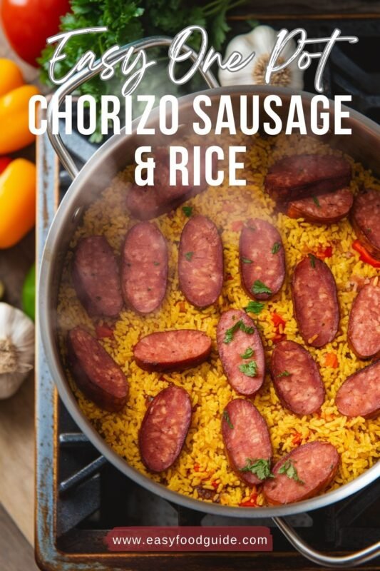 chorizo sausage and rice, garnished with parsley.