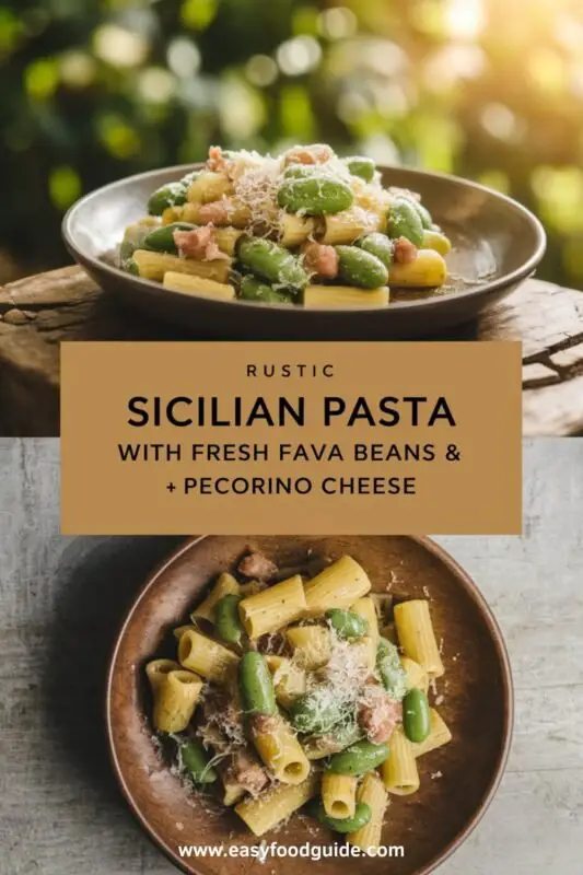 A bowl of rustic pasta with fava beans and pancetta, garnished with pecorino cheese and parsley on a wooden table.