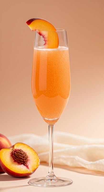 A Peach Bellini cocktail in a glass with a peach slice garnish, surrounded by fresh peaches and flowers.