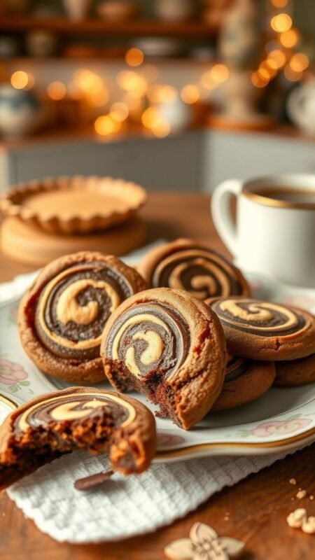 Swirly Whirly Peanut Butter Brownie Cookies on a pastel plate, with a cup of tea in a cozy kitchen setting.