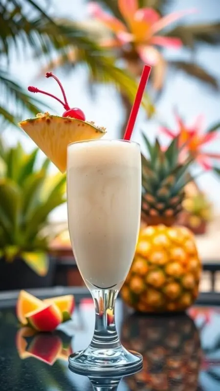 A refreshing Piña Colada cocktail with a cherry and pineapple garnish, set against tropical plants.