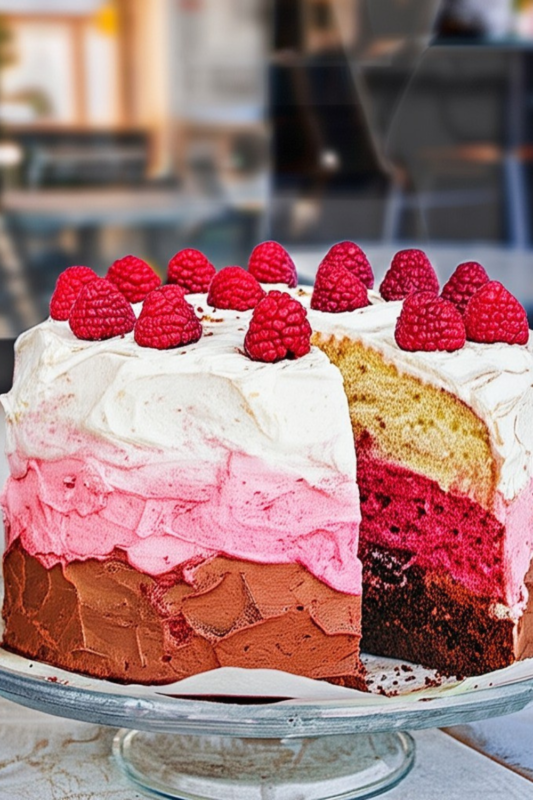 Layered Neapolitan cake with raspberry cream, garnished with chocolate shavings and fresh raspberries on a rustic table.