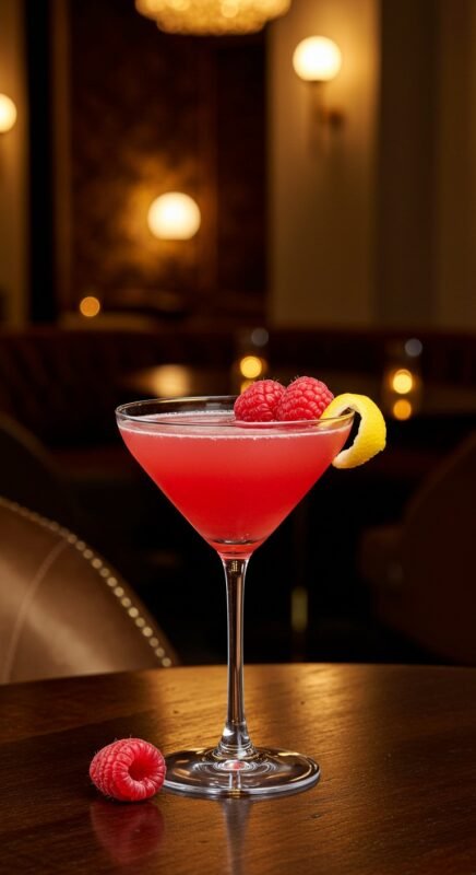 A vibrant Raspberry Lemon Drop Martini garnished with fresh raspberries and a lemon slice on a marble table.