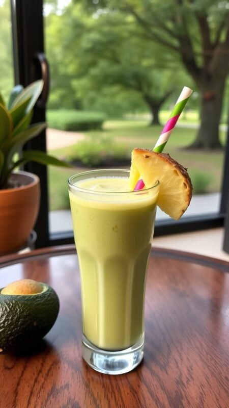 A refreshing avocado pineapple lime smoothie in a glass with garnishes, positioned on a coffee table beside a window overlooking city traffic.