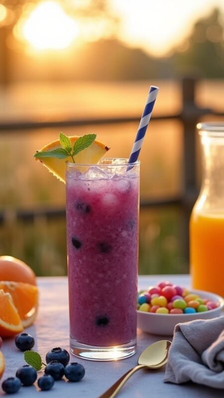 A colorful blueberry pineapple smoothie garnished with pineapple slice and blueberries in a tropical setting.