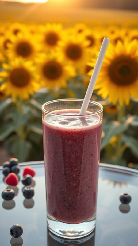 A colorful smoothie made with blueberries and raspberries in a clear glass with a straight straw, surrounded by sunflowers in golden-hour light.
