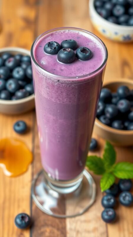 A tall glass of blueberry vanilla smoothie with fresh blueberries on top, surrounded by blueberries and agave syrup on a wooden table.