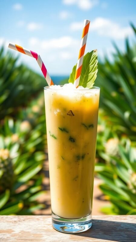 A refreshing smoothie in a glass with pineapple, spinach, and ginger, set against a pineapple farm backdrop.