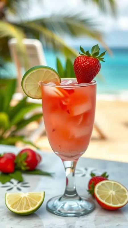 A refreshing Strawberry Daiquiri cocktail garnished with a strawberry and lime slice on a sunny beach.