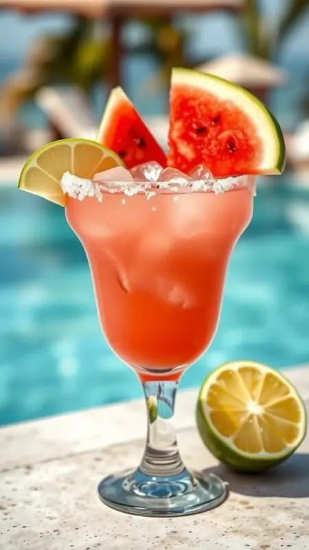 A refreshing Watermelon Margarita with slices of watermelon and lime, set against a poolside background.
