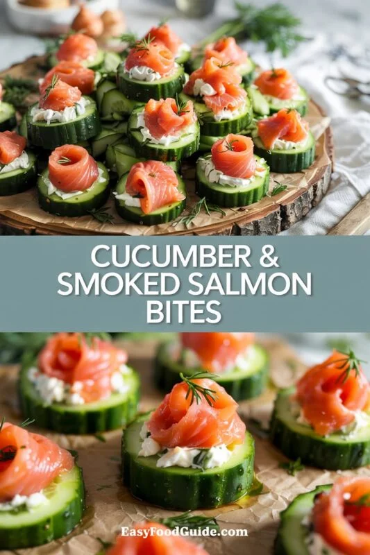 Cucumber slices topped with cream cheese and smoked salmon, garnished with dill on a rustic platter.
