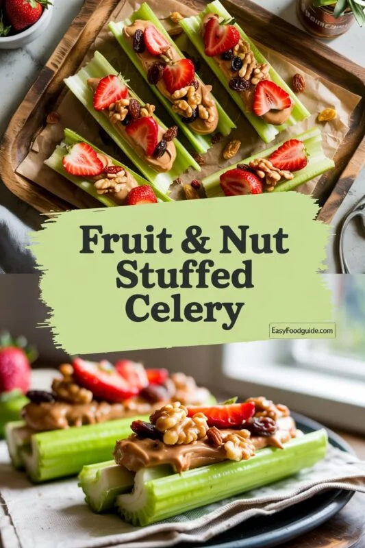 A tray of celery sticks stuffed with peanut butter and topped with strawberries and nuts.