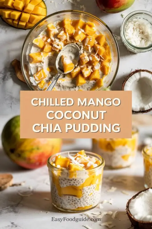 Layered mango coconut chia pudding topped with diced mango and shredded coconut in a glass jar on a wooden table.