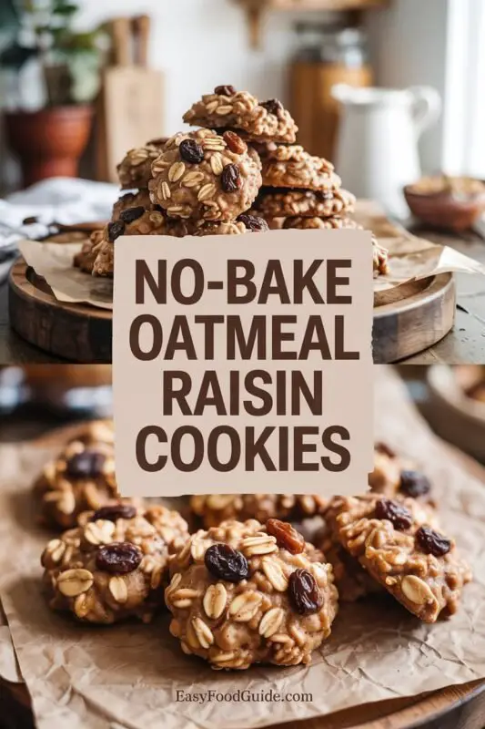 A stack of chewy no-bake oatmeal raisin cookies on parchment paper with a glass of milk in the background.