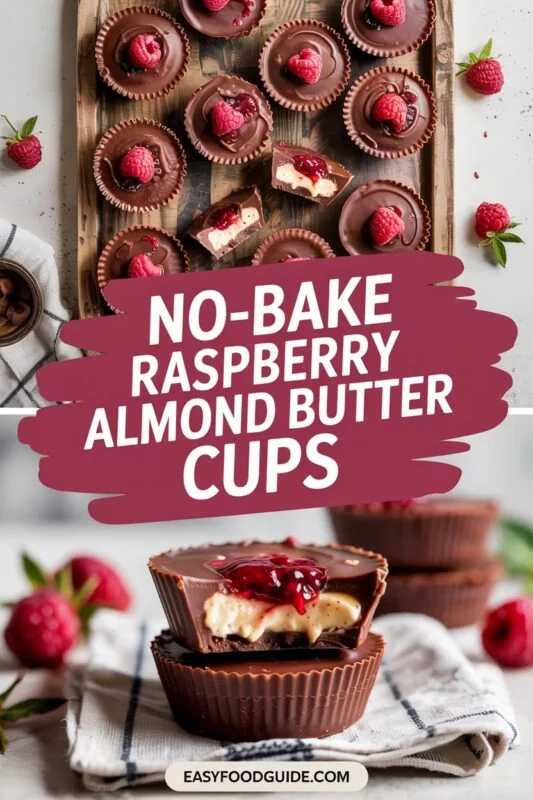 An array of No-Bake Raspberry Almond Butter Cups topped with fresh raspberries and set on a rustic plate.