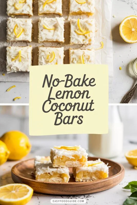 No-Bake Lemon Coconut Bars arranged on a marble tray, dusted with coconut flakes and showcasing a vibrant yellow color.