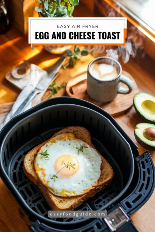 A close-up of Air Fryer Egg and Cheese Toast with runny eggs and melted cheese on crispy bread, garnished with herbs.
