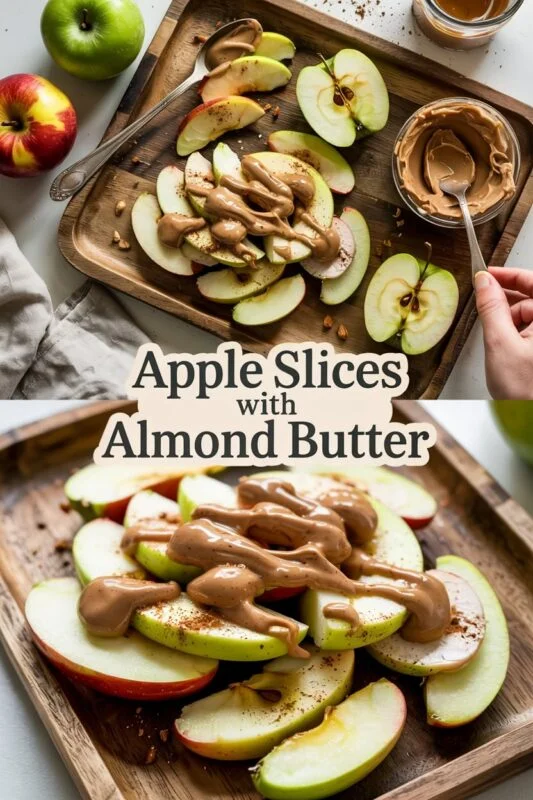 Crisp apple slices topped with creamy almond butter and cinnamon on a wooden board.