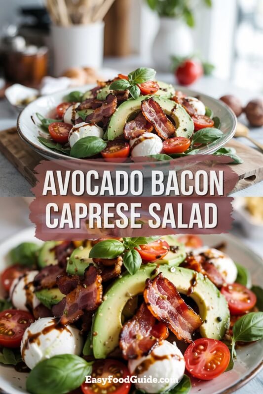 A colorful salad featuring avocado, bacon, mozzarella, and tomatoes, garnished with basil and drizzled with balsamic glaze.