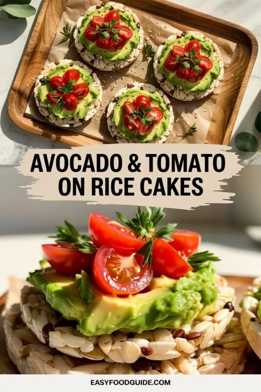 Crispy rice cakes topped with mashed avocado and halved cherry tomatoes, garnished with sesame seeds.