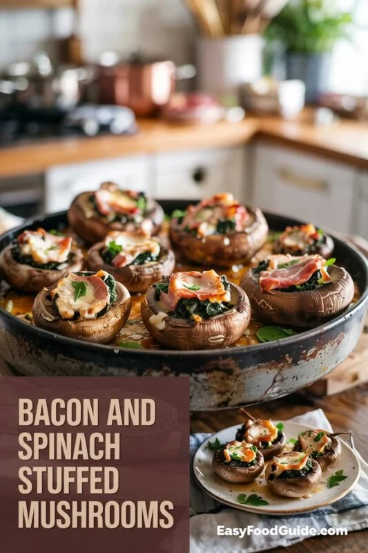 A close-up of Bacon and Spinach Stuffed Mushrooms, showcasing the creamy filling and golden breadcrumbs.
