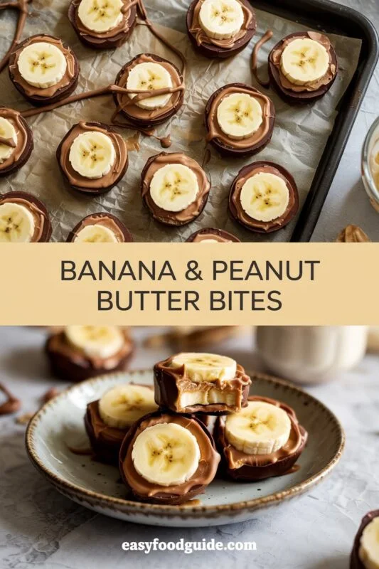 Banana and Peanut Butter Bites stacked on a parchment-lined tray, some dipped in chocolate, with a light background.